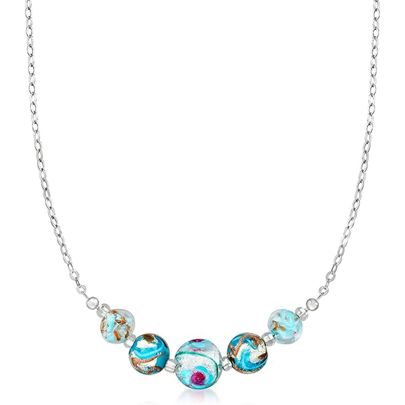 Italian Multicolored Murano Glass Bead Necklace in Sterling Silv