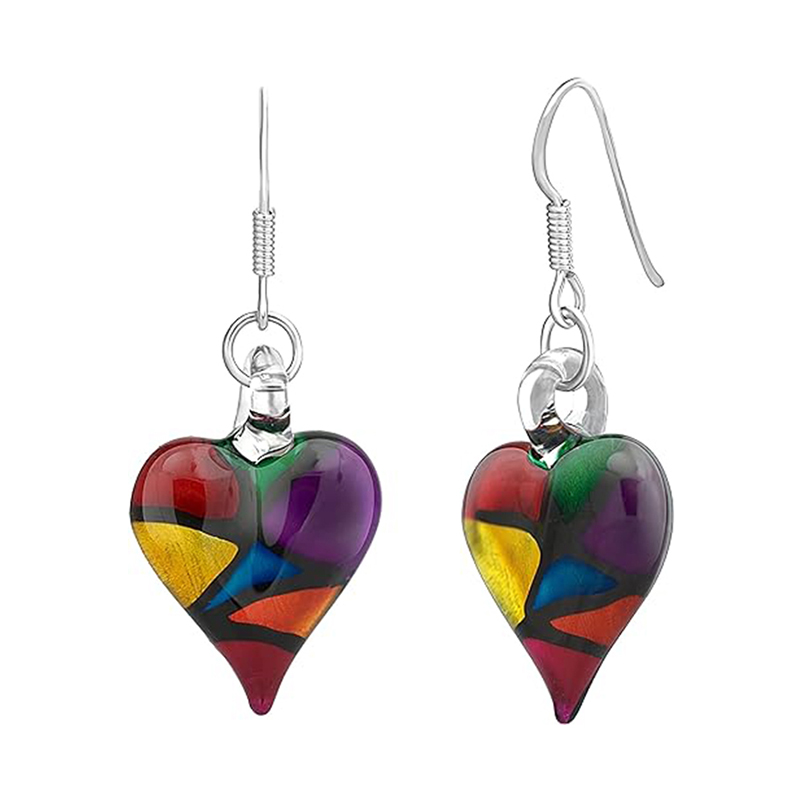 Sterling Silver Hand Blown Glass Mosaic Heart Dangle Earrings